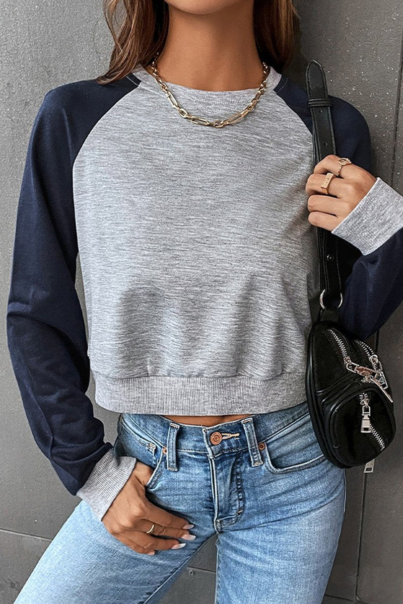 WOMEN COLOR BLOCK SLEEVED CROP DAILY T SHIRT