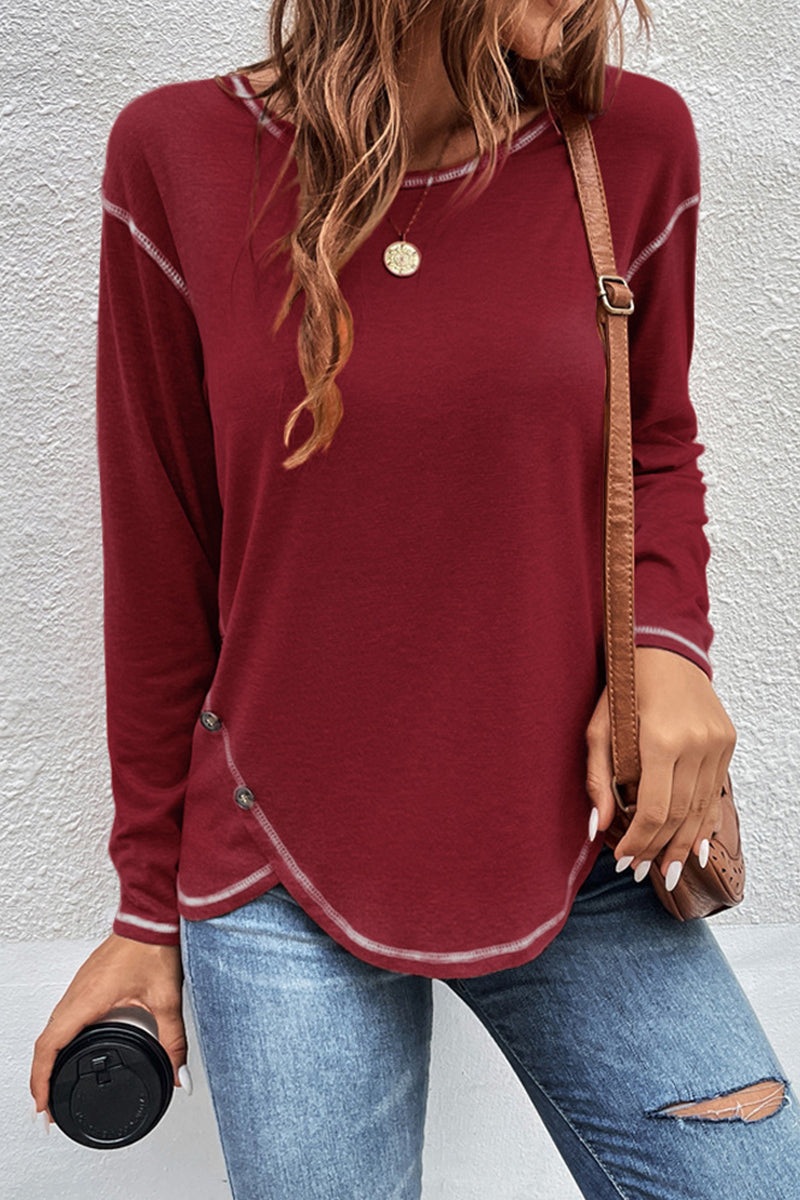 WOMEN'S T SHIRT TEE BURGUNDY TEE PLAIN BUTTON LONG SLEEVE DAILY WEEKEND BASIC ROUND NECK REGULAR FIT