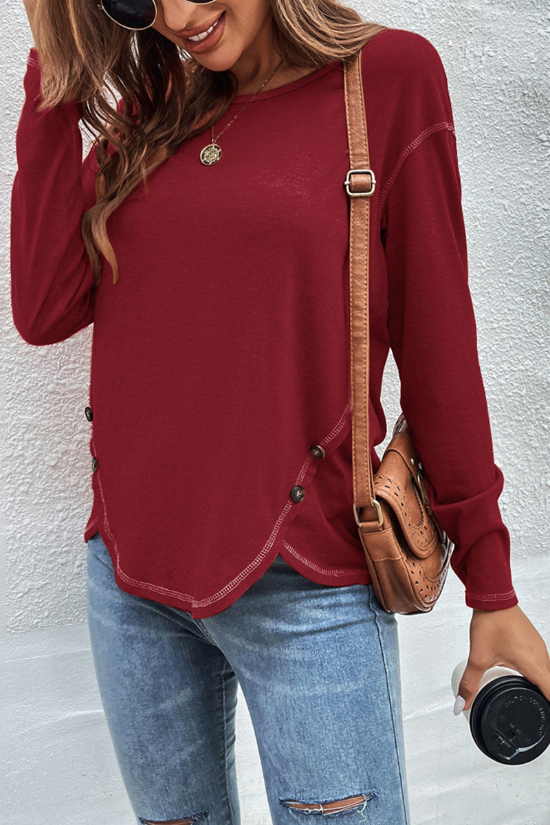 WOMEN'S T SHIRT TEE BURGUNDY TEE PLAIN BUTTON LONG SLEEVE DAILY WEEKEND BASIC ROUND NECK REGULAR FIT