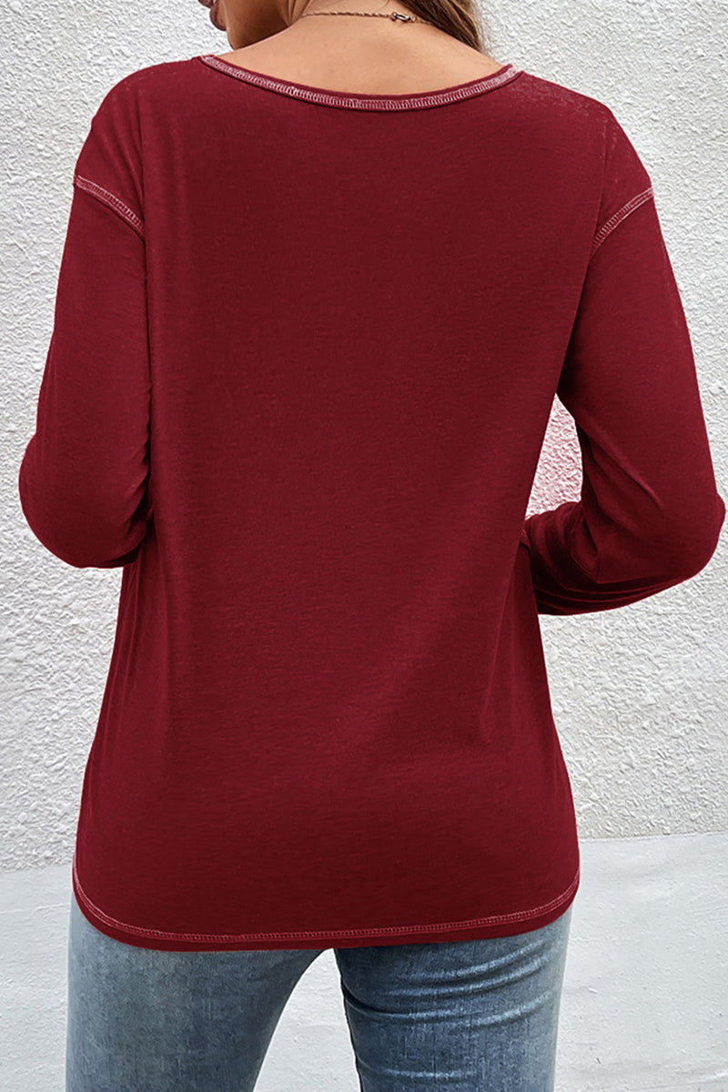 WOMEN'S T SHIRT TEE BURGUNDY TEE PLAIN BUTTON LONG SLEEVE DAILY WEEKEND BASIC ROUND NECK REGULAR FIT