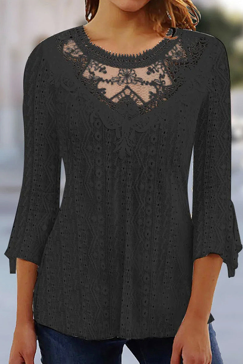 WOMEN'S SHIRT BLOUSE LACE 3/4 LENGTH SLEEVE CASUAL VINTAGE FASHION BASIC ROUND NECK REGULAR FIT