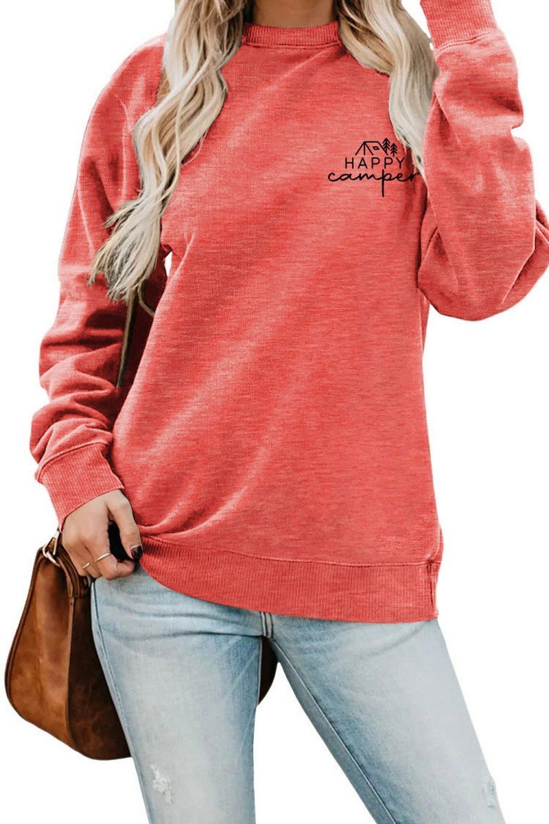 WOMEN CAMPING PRINT OVERSIZED RIBBED CASUAL TEE