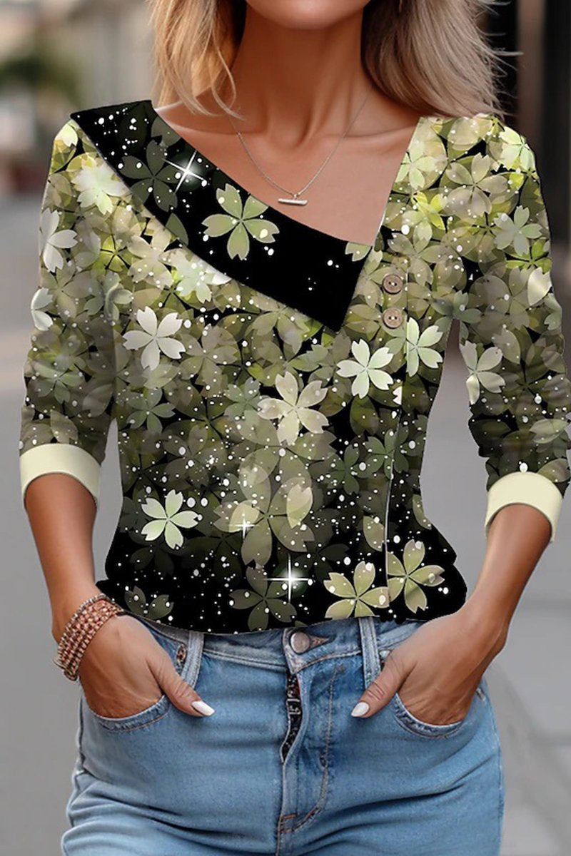 WOMEN FLORAL 3D PRINTING ELEGANT V NECK T SHIRT