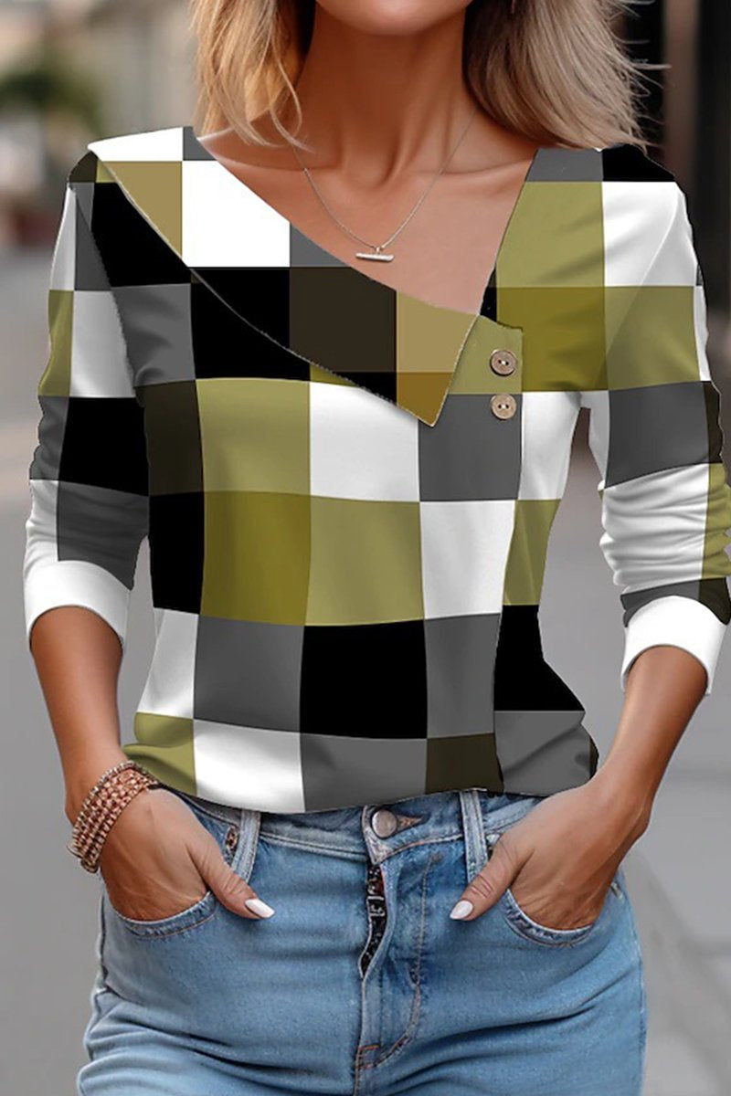 WOMEN LONG SLEEVE BUTTONED NECK PLAID PRINT TEE