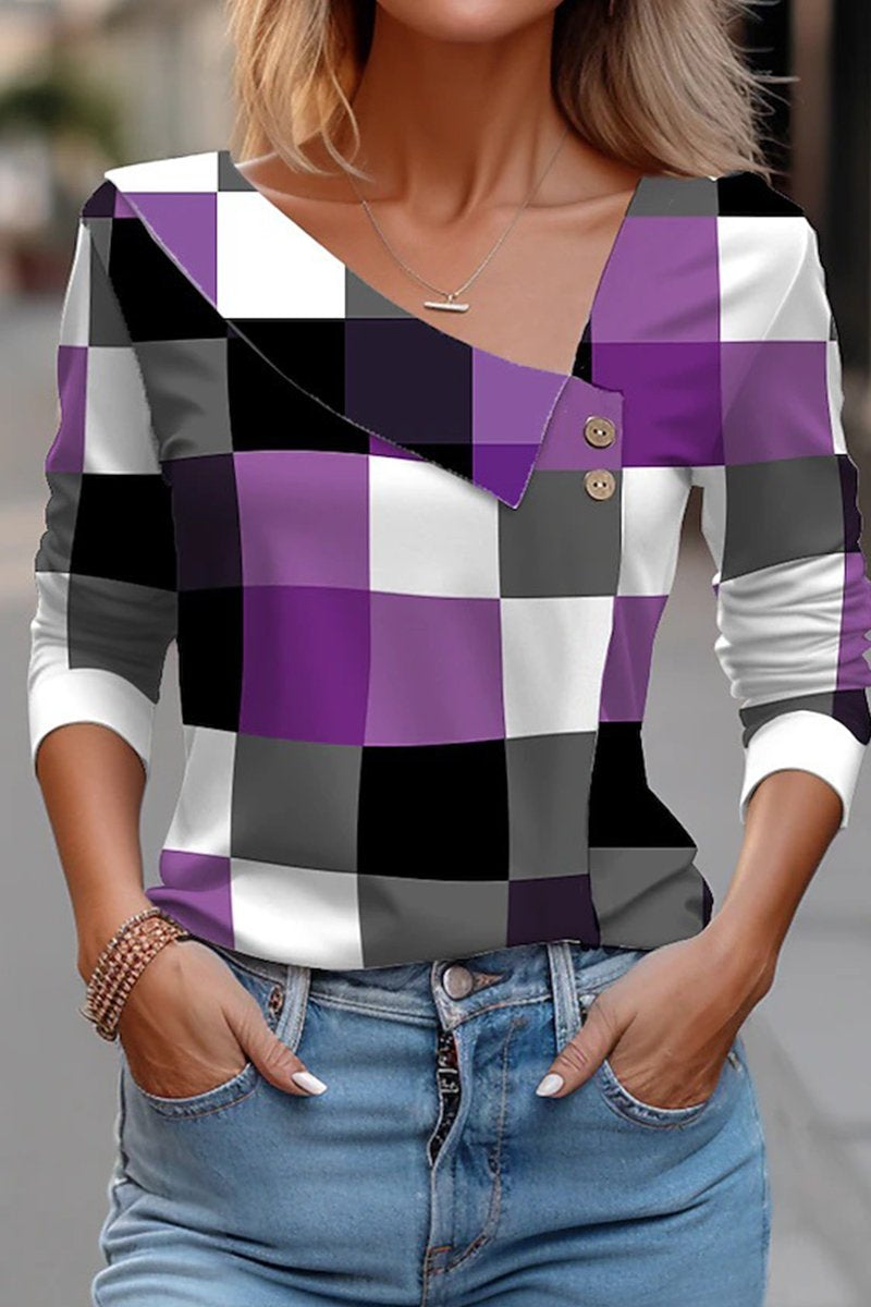 WOMEN LONG SLEEVE BUTTONED NECK PLAID PRINT TEE