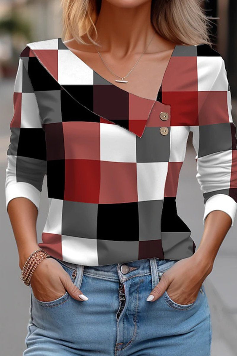 WOMEN LONG SLEEVE BUTTONED NECK PLAID PRINT TEE