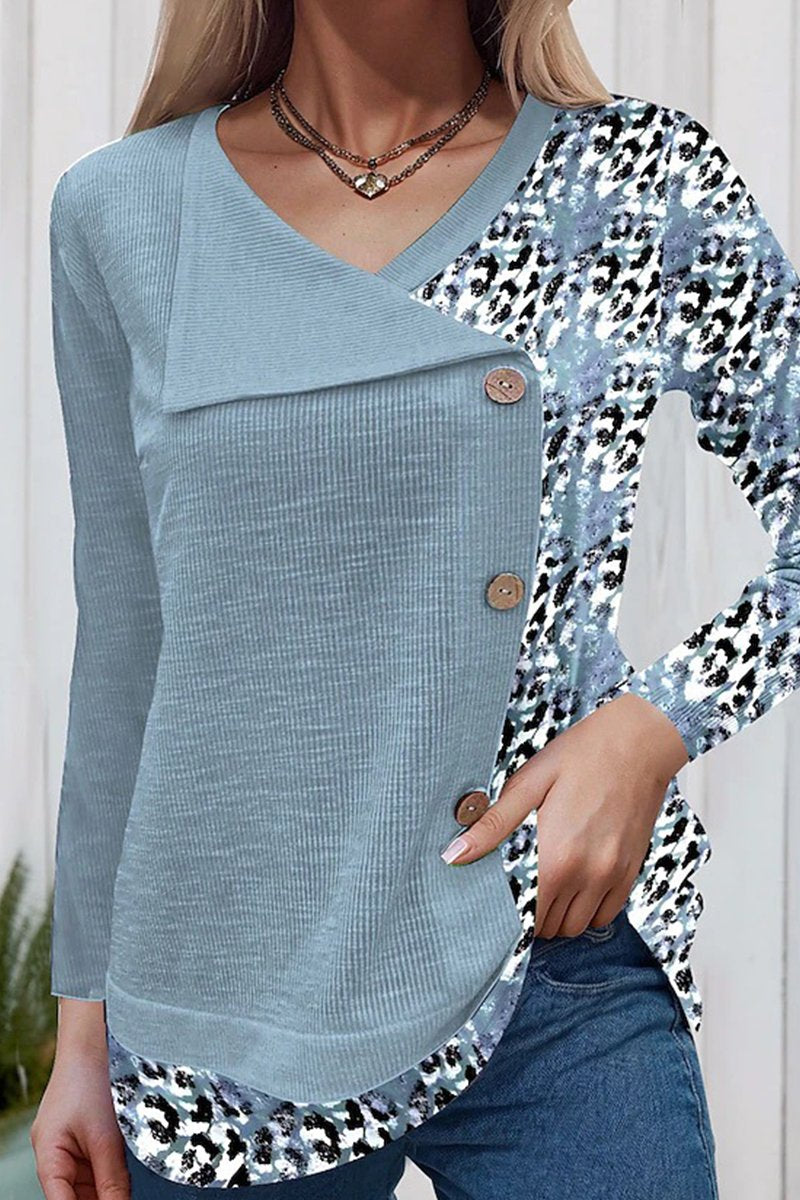 WOMEN ANIMAL PRINTING WRAP BUTTONED KNIT TOP