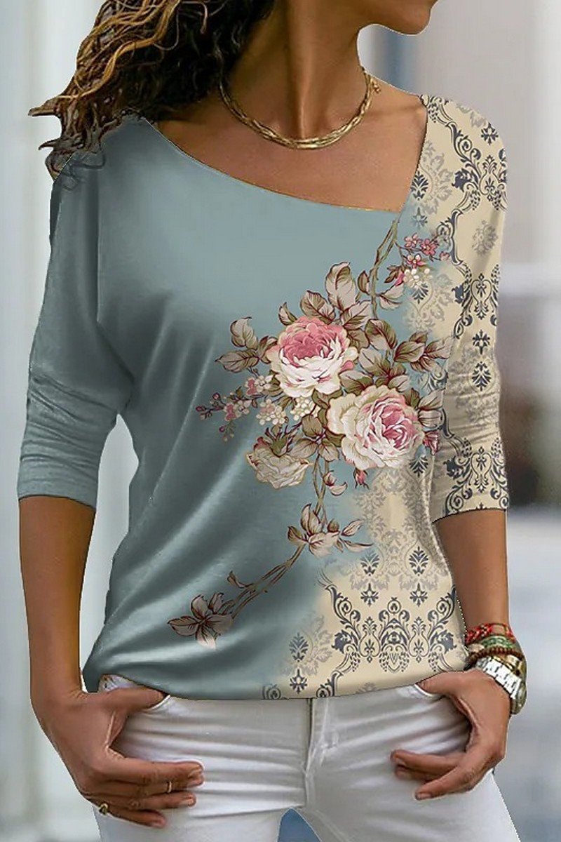 WOMEN ELEGANT FLORAL PRINTING LONG SLEEVE T SHIRT