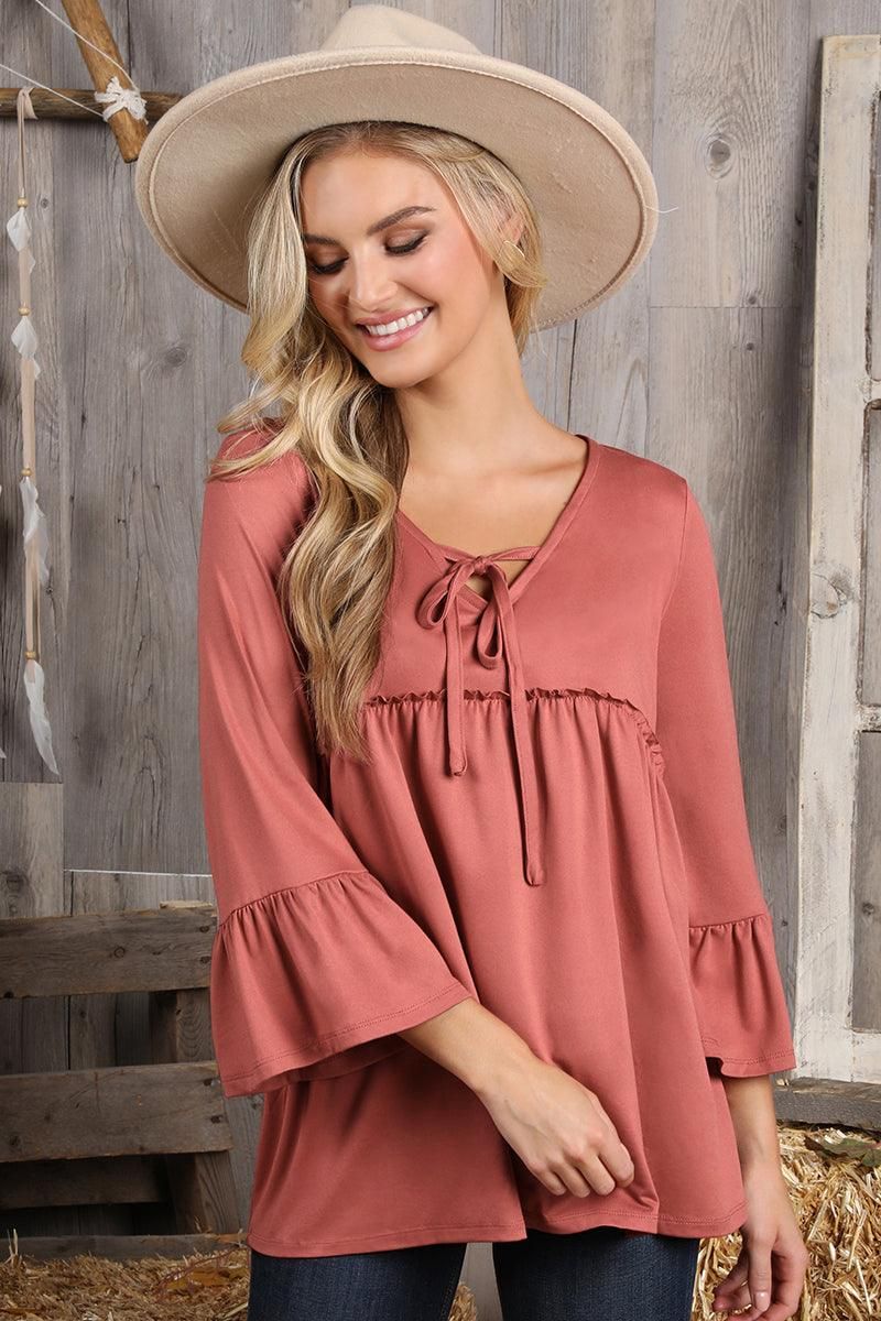 3/4 SLEEVE WITH NECK STRING DETAILED TOP - Doublju