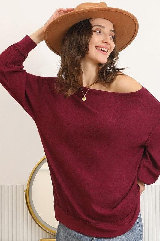 BOAT NECK PULLOVER SWEATER KNIT TOP WITH RAW SEAM - Doublju