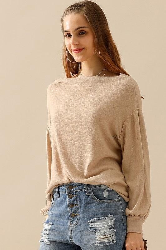 BOAT NECK PULLOVER SWEATER KNIT TOP WITH RAW SEAM - Doublju