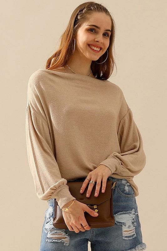 BOAT NECK PULLOVER SWEATER KNIT TOP WITH RAW SEAM - Doublju