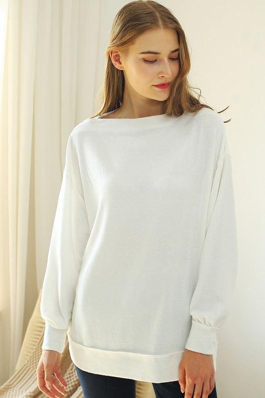 BOAT NECK PULLOVER SWEATER KNIT TOP WITH RAW SEAM - Doublju