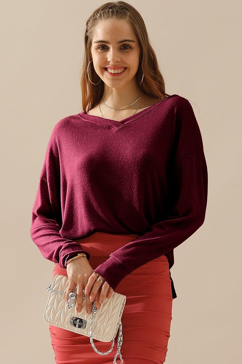 V NECK PULLOVER SWEATER KNIT TOP - Doublju