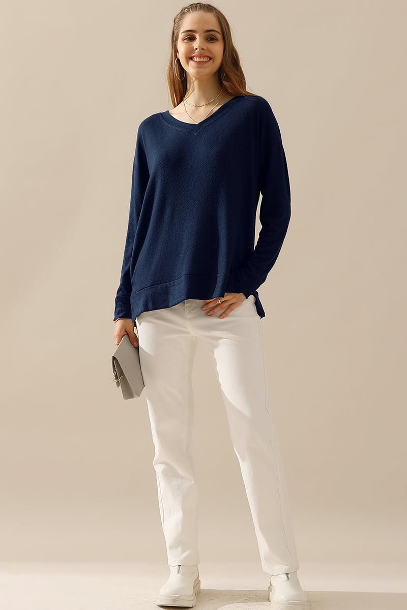 V NECK PULLOVER SWEATER KNIT TOP - Doublju