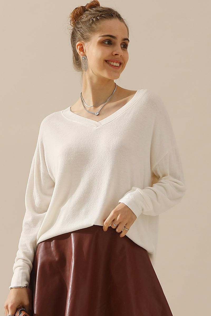 V NECK PULLOVER SWEATER KNIT TOP - Doublju