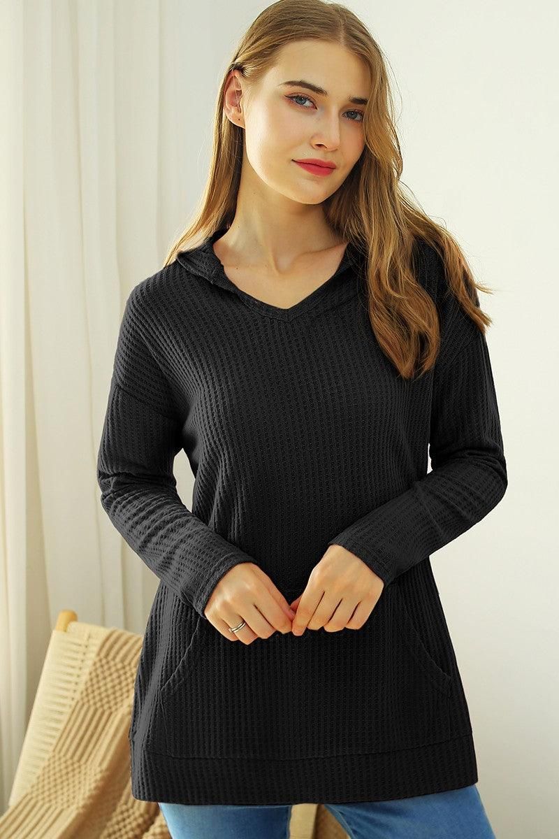 V NECK HOODIE AND POCKET PULLOVER SWEATER KNIT TOP - Doublju