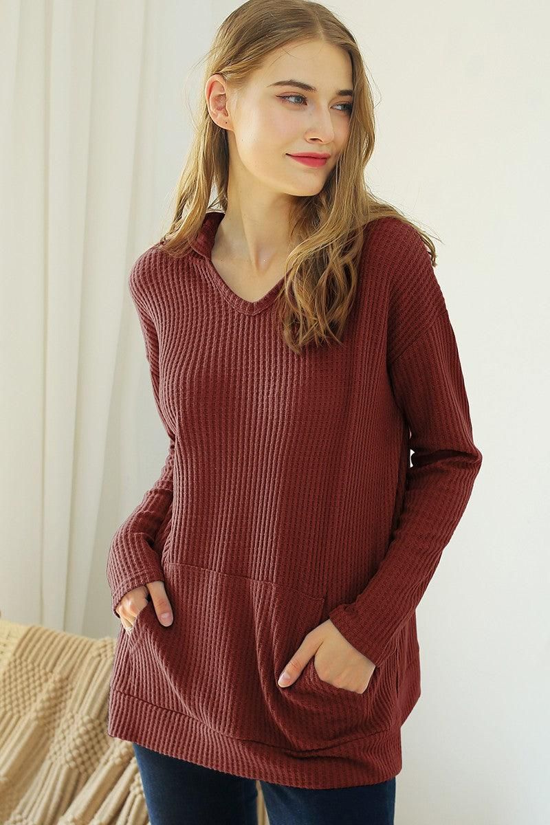 V NECK HOODIE AND POCKET PULLOVER SWEATER KNIT TOP - Doublju