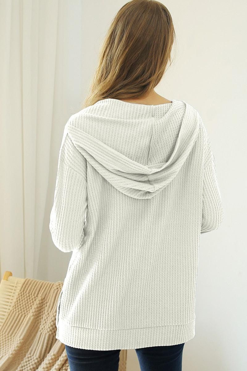 V NECK HOODIE AND POCKET PULLOVER SWEATER KNIT TOP - Doublju