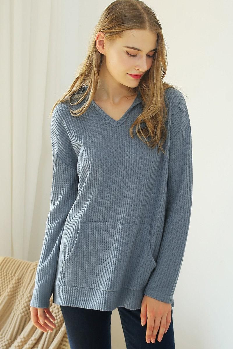 V NECK HOODIE AND POCKET PULLOVER SWEATER KNIT TOP - Doublju