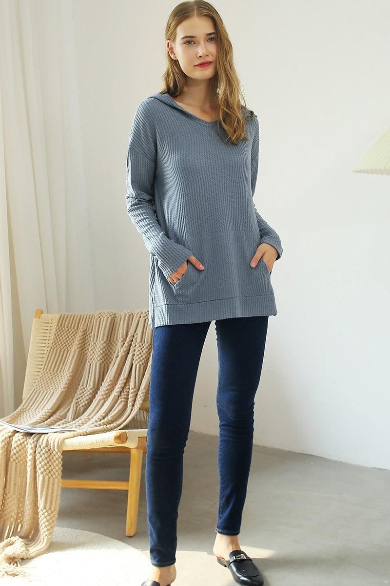 V NECK HOODIE AND POCKET PULLOVER SWEATER KNIT TOP - Doublju