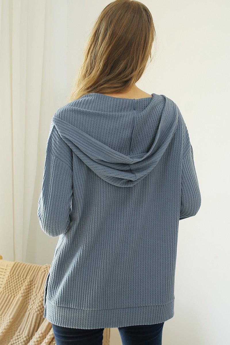 V NECK HOODIE AND POCKET PULLOVER SWEATER KNIT TOP - Doublju