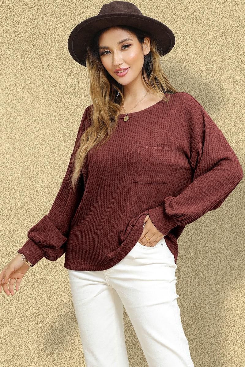 R NECK SHIRING CUFF SWEATER KNIT TOP - Doublju