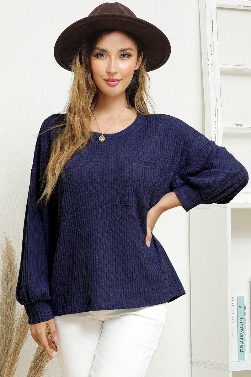 R NECK SHIRING CUFF SWEATER KNIT TOP - Doublju