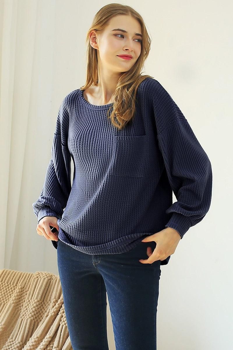 R NECK SHIRING CUFF SWEATER KNIT TOP - Doublju