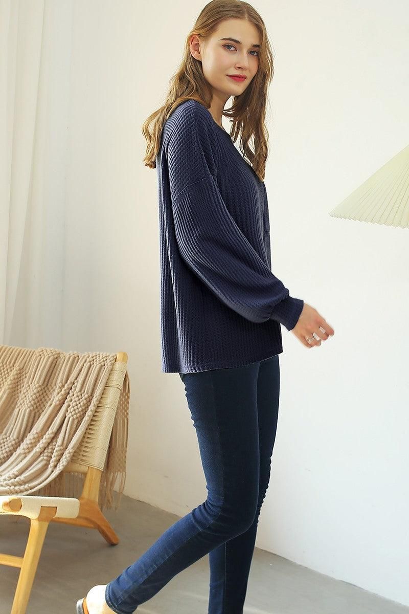 R NECK SHIRING CUFF SWEATER KNIT TOP - Doublju