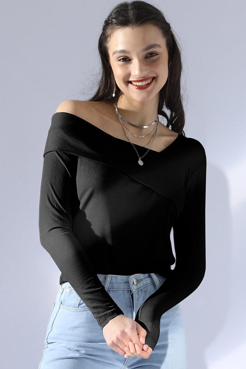 ONE SHOULDER LONG SLEEVE 2 LAYER T SHIRT TOP - Doublju