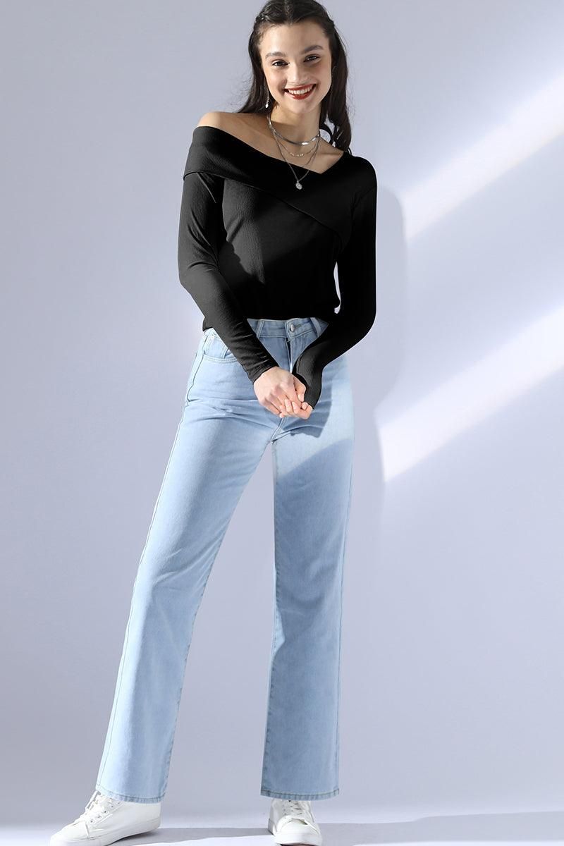 ONE SHOULDER LONG SLEEVE 2 LAYER T SHIRT TOP - Doublju