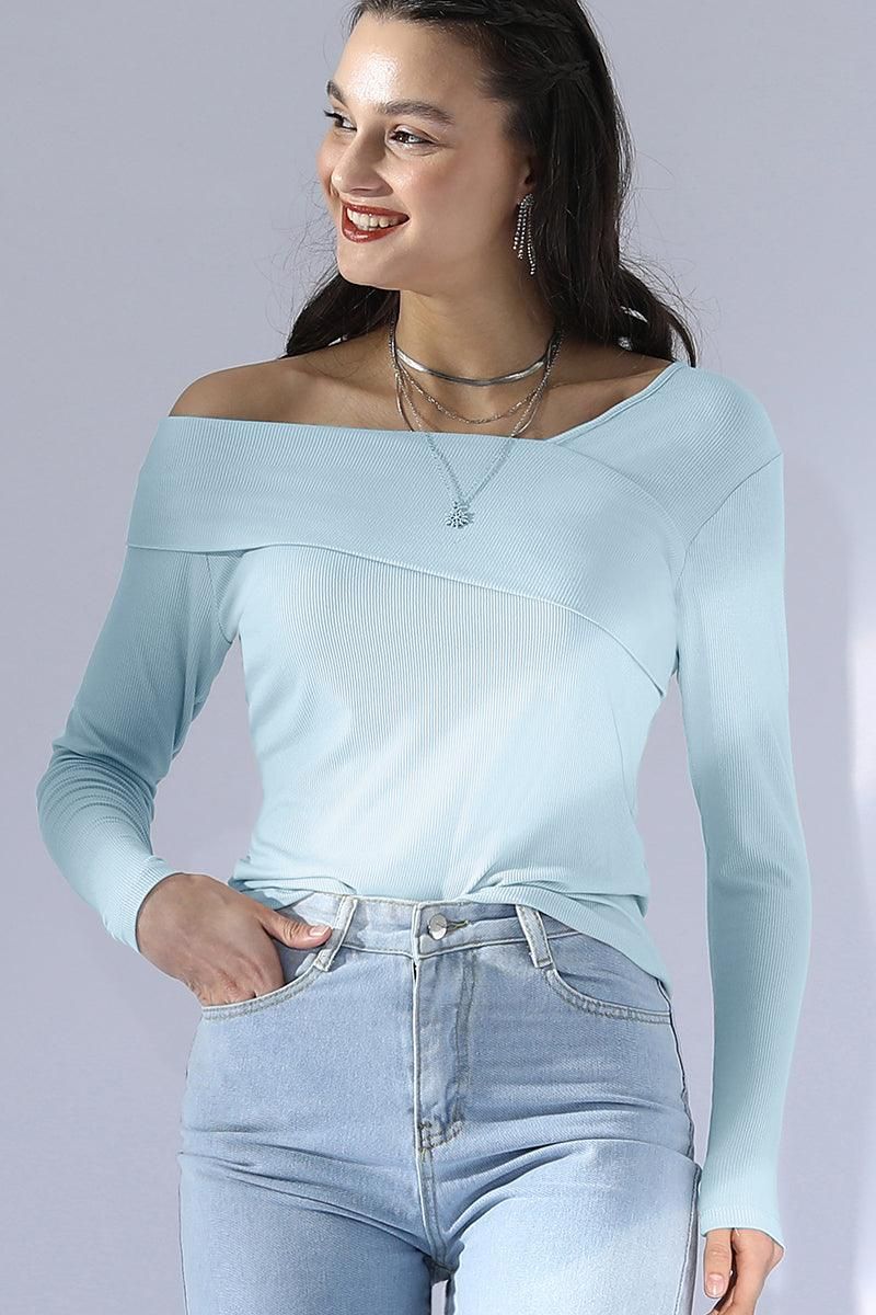 ONE SHOULDER LONG SLEEVE 2 LAYER T SHIRT TOP - Doublju