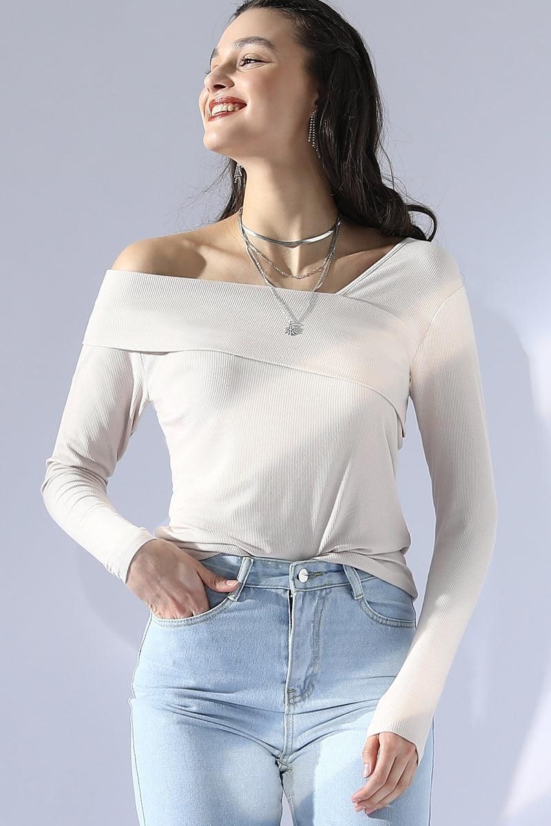 ONE SHOULDER LONG SLEEVE 2 LAYER T SHIRT TOP - Doublju