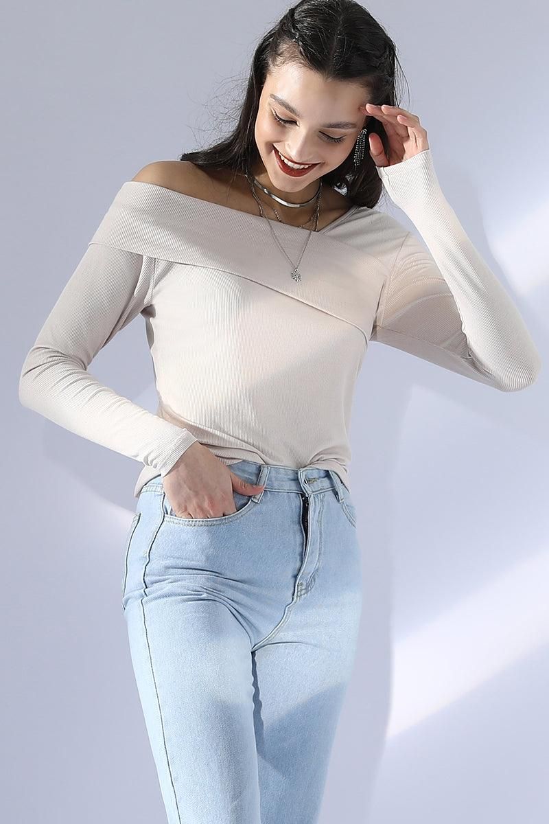 ONE SHOULDER LONG SLEEVE 2 LAYER T SHIRT TOP - Doublju