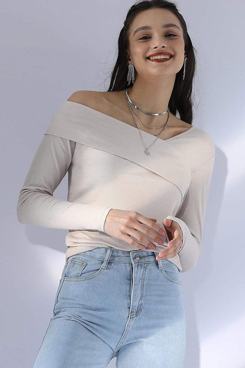 ONE SHOULDER LONG SLEEVE 2 LAYER T SHIRT TOP - Doublju