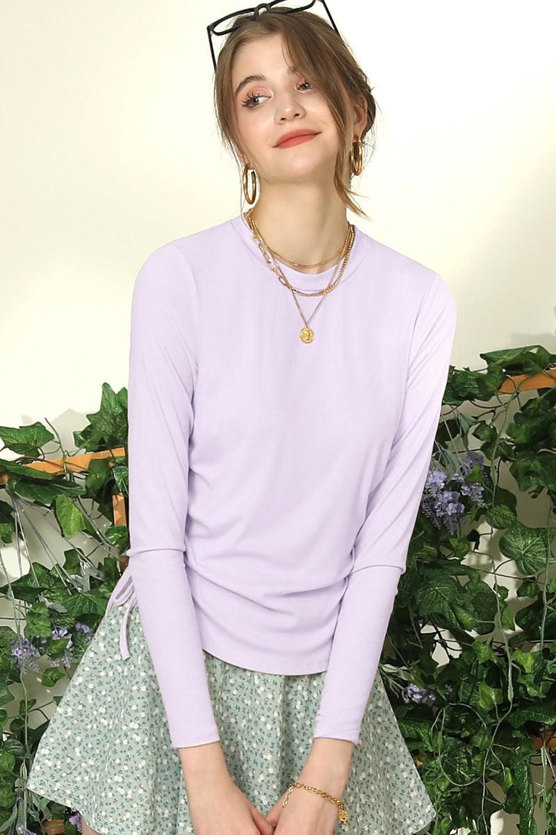 CREW NECK LONG SLEEVE LACE-UP STRING SHIRRING TOP - Doublju