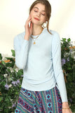 CREW NECK LONG SLEEVE LACE-UP STRING SHIRRING TOP - Doublju