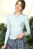 CREW NECK LONG SLEEVE LACE-UP STRING SHIRRING TOP - Doublju