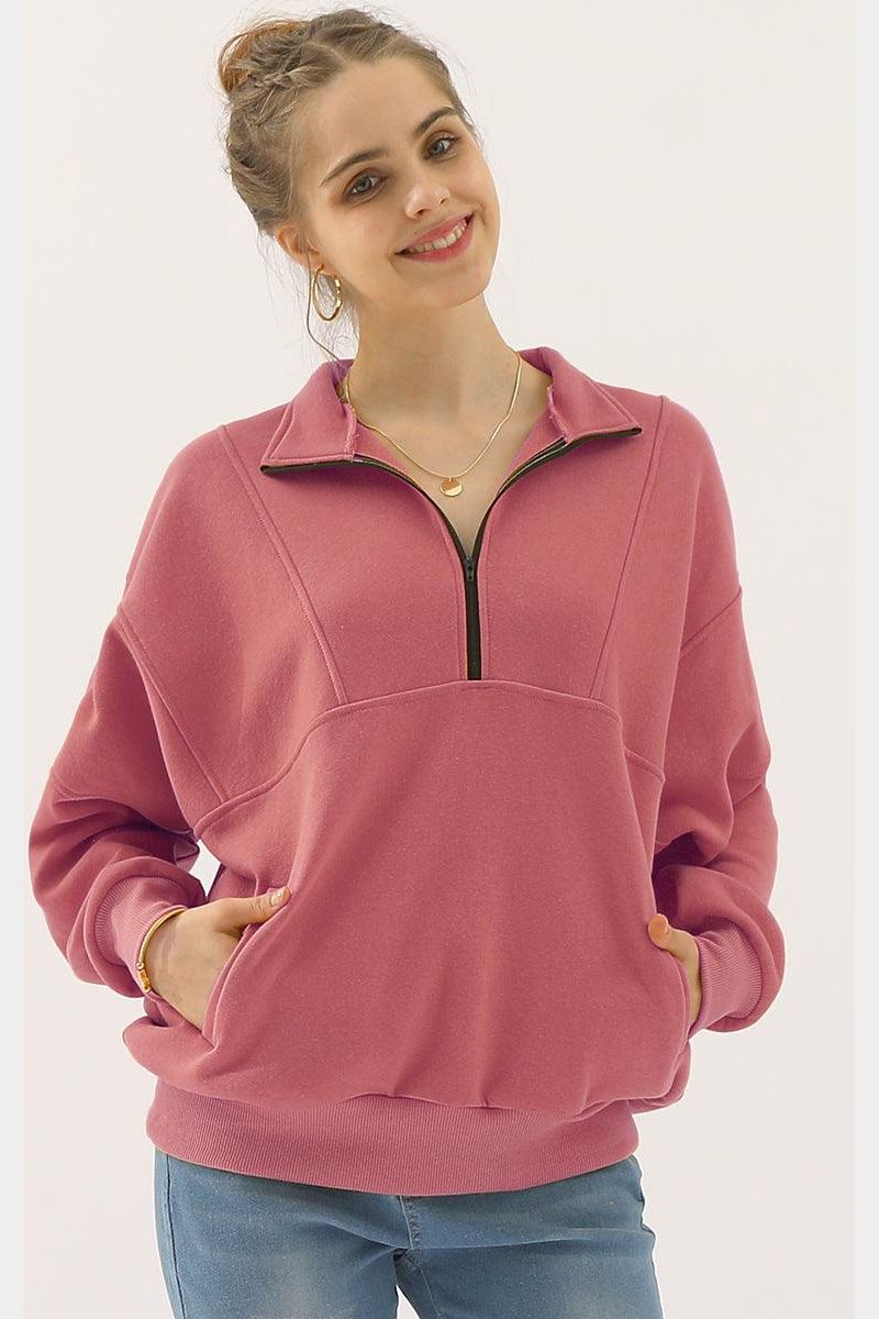 HALF ZIP UP SWEATSHIRT WITH KANGAROO POCKET - Doublju