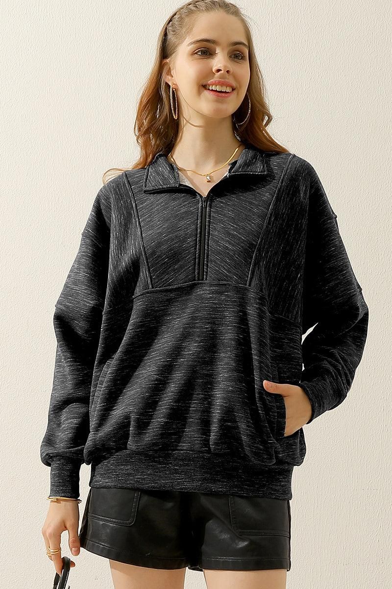 HALF ZIP UP SWEATSHIRT WITH KANGAROO POCKET - Doublju