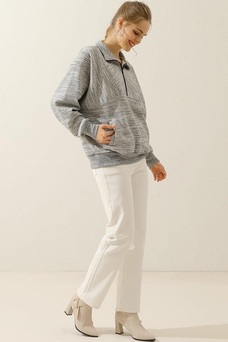 HALF ZIP UP SWEATSHIRT WITH KANGAROO POCKET - Doublju