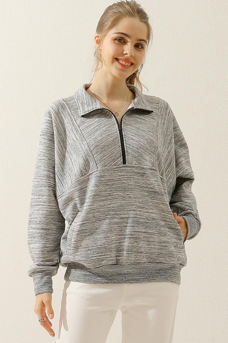 HALF ZIP UP SWEATSHIRT WITH KANGAROO POCKET - Doublju