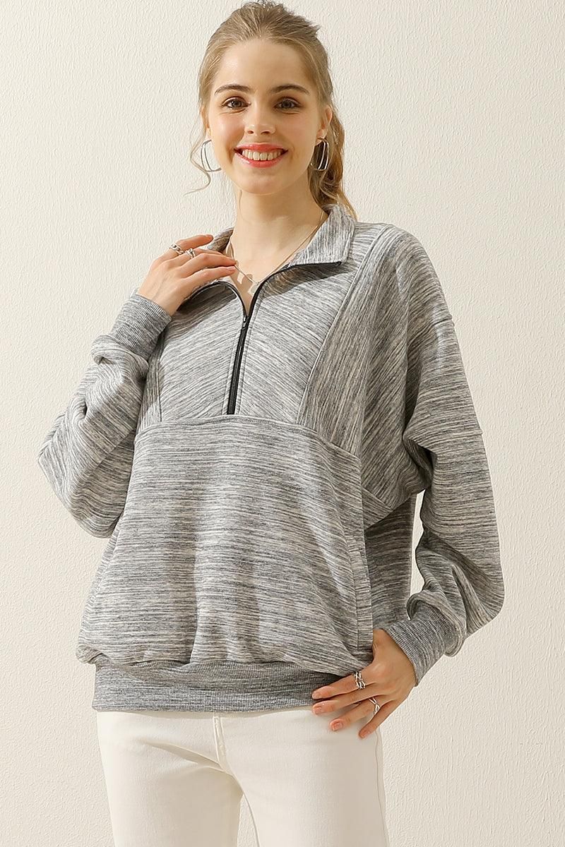 HALF ZIP UP SWEATSHIRT WITH KANGAROO POCKET - Doublju