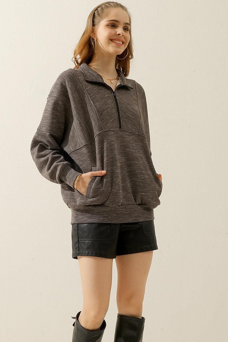 HALF ZIP UP SWEATSHIRT WITH KANGAROO POCKET - Doublju