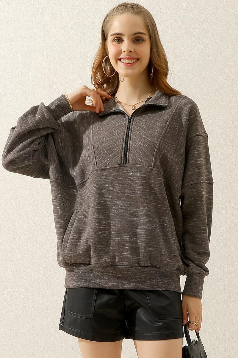 HALF ZIP UP SWEATSHIRT WITH KANGAROO POCKET - Doublju