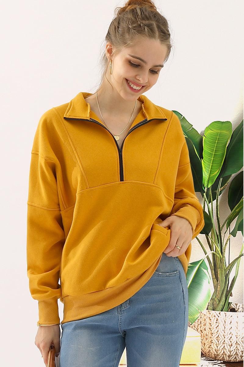 HALF ZIP UP SWEATSHIRT WITH KANGAROO POCKET - Doublju