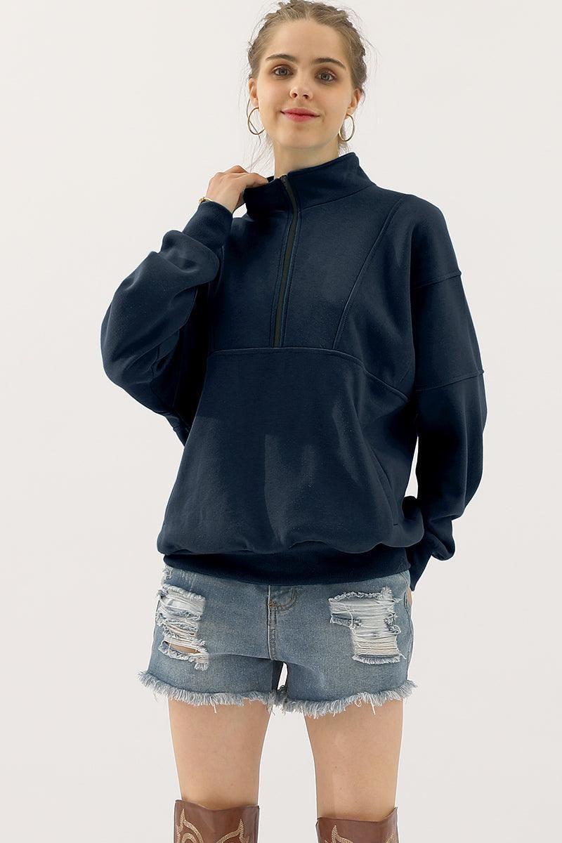 HALF ZIP UP SWEATSHIRT WITH KANGAROO POCKET - Doublju