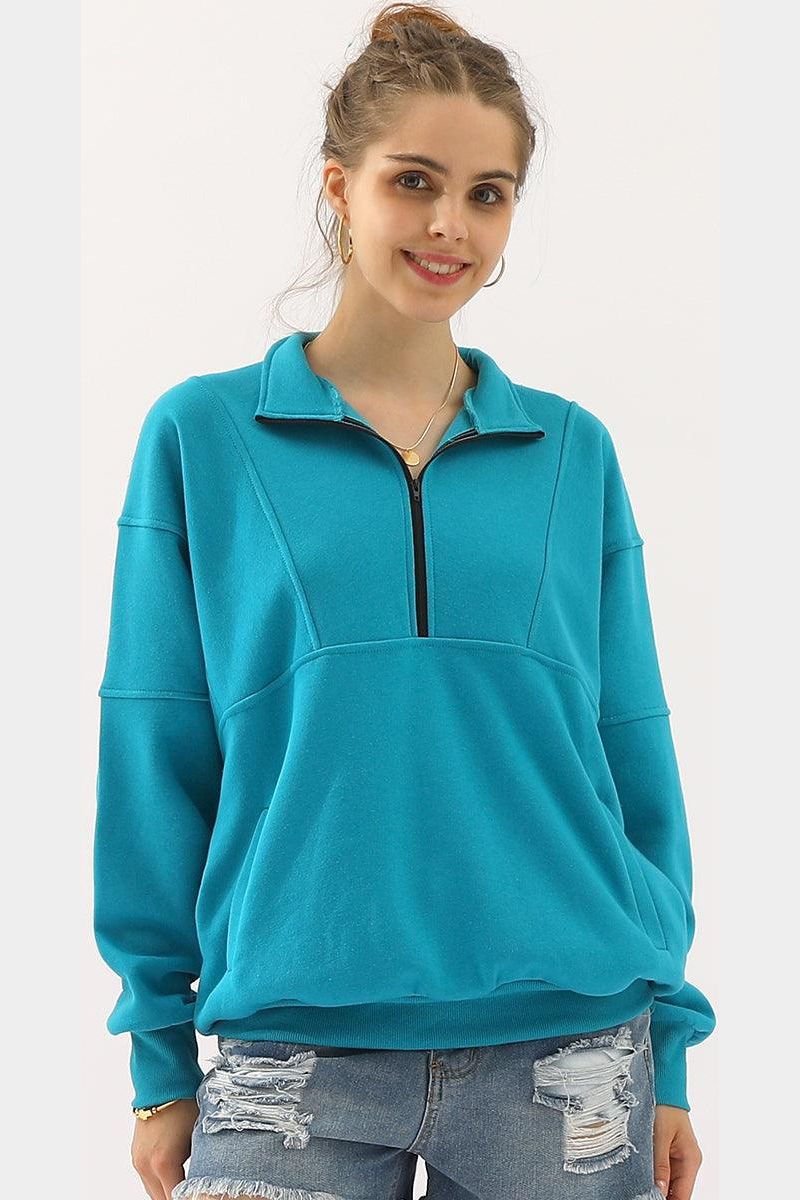 HALF ZIP UP SWEATSHIRT WITH KANGAROO POCKET - Doublju