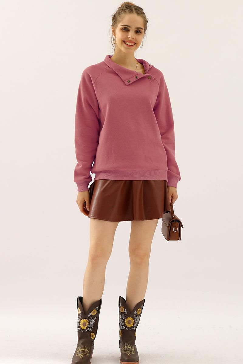 TURTLENECK BUTTON RAGLAN SLEEVES SWEATSHIRT - Doublju